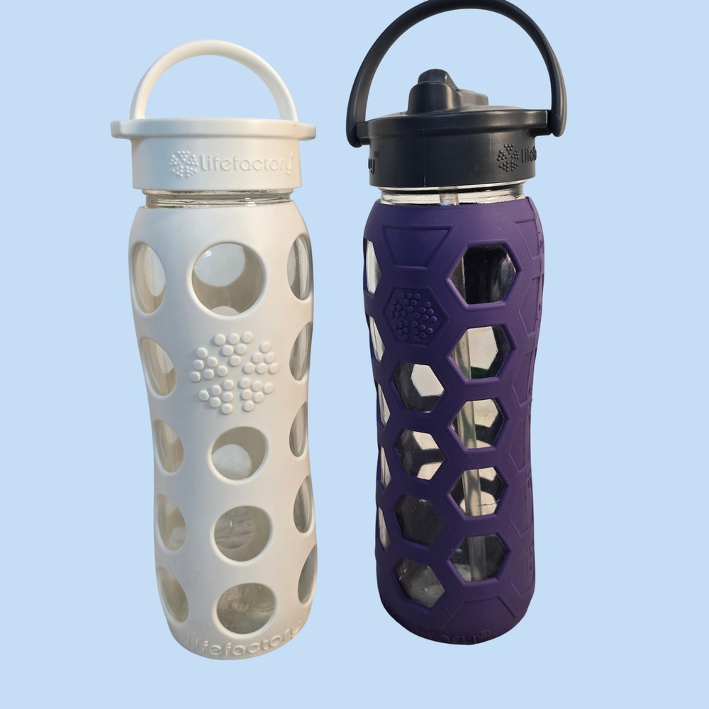 Lifefactory Glass Water Bottle Set 22oz‎ White Purple Honeycomb Silicone Sleeve